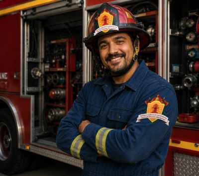 Smiling firefighter in uniform standing in front of fire truck.