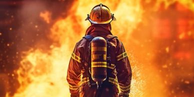 Firefighter facing a large fire.