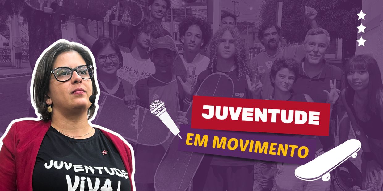 A group promoting youth activism with skateboards and a speaker.