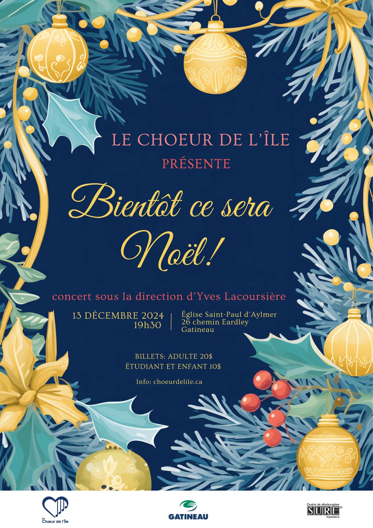 Affiche festive pour un concert de Noël à Gatineau en décembre 2024.