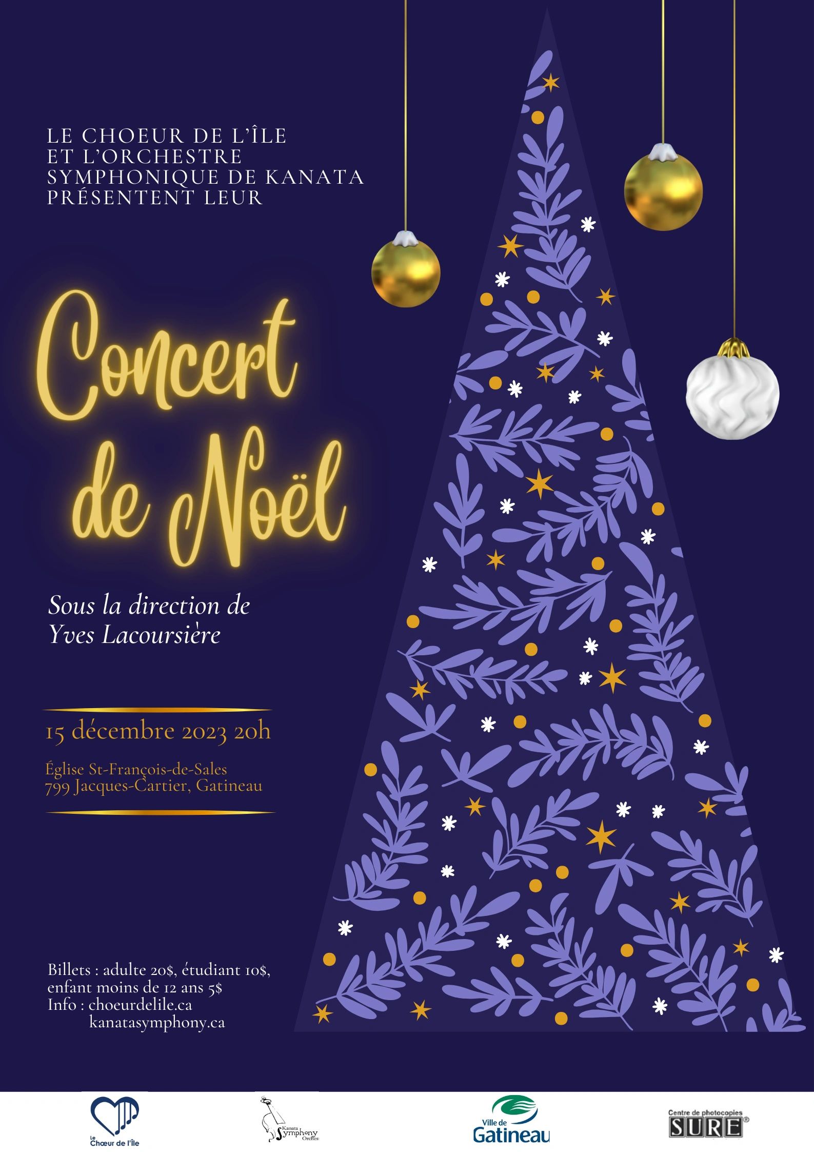 Affiche d'un concert de Noël avec décorations festives et informations en français.