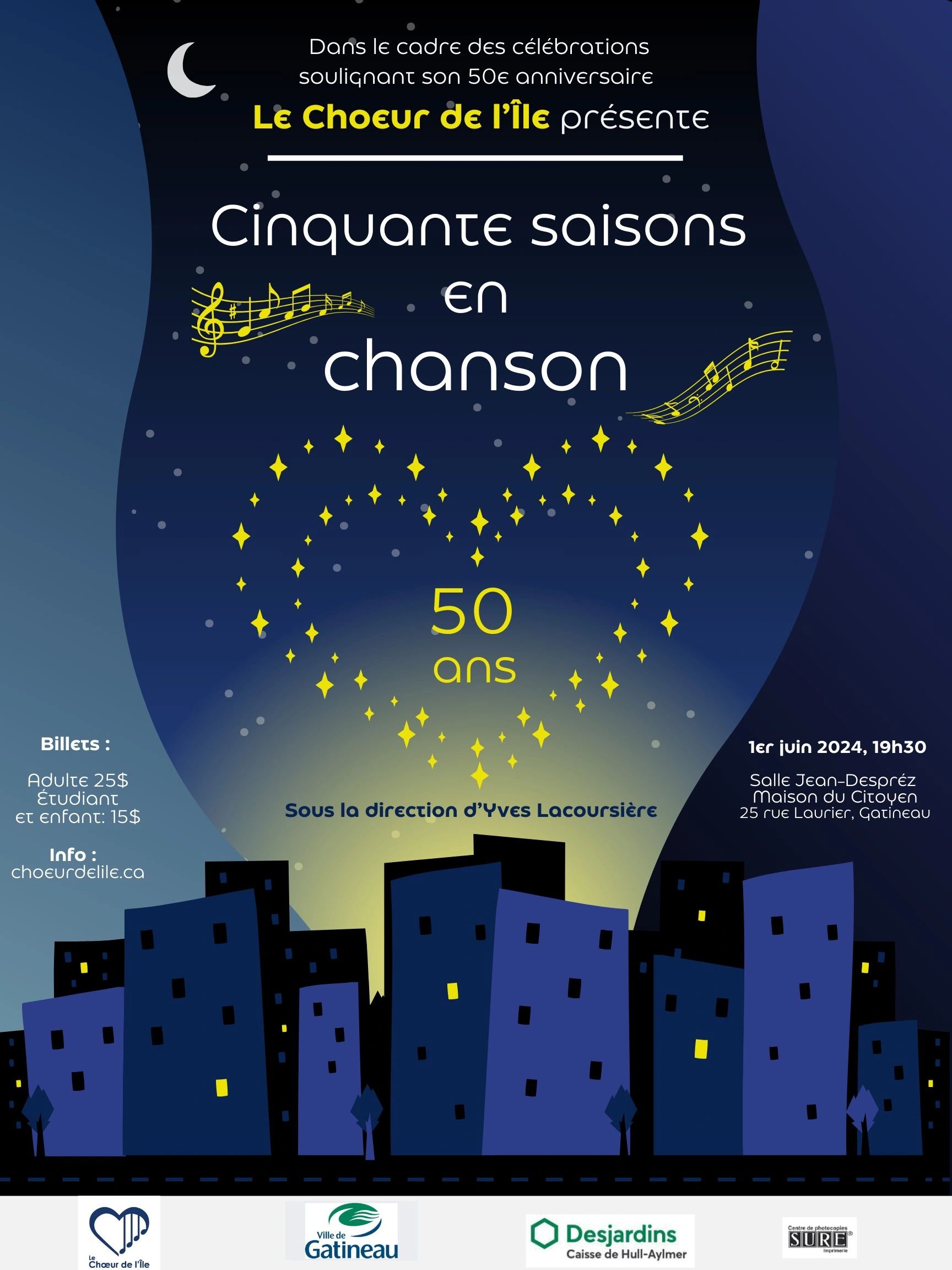 Affiche pour le spectacle "Cinquante saisons en chanson" du Choeur de l'île, célébrant 50 ans.