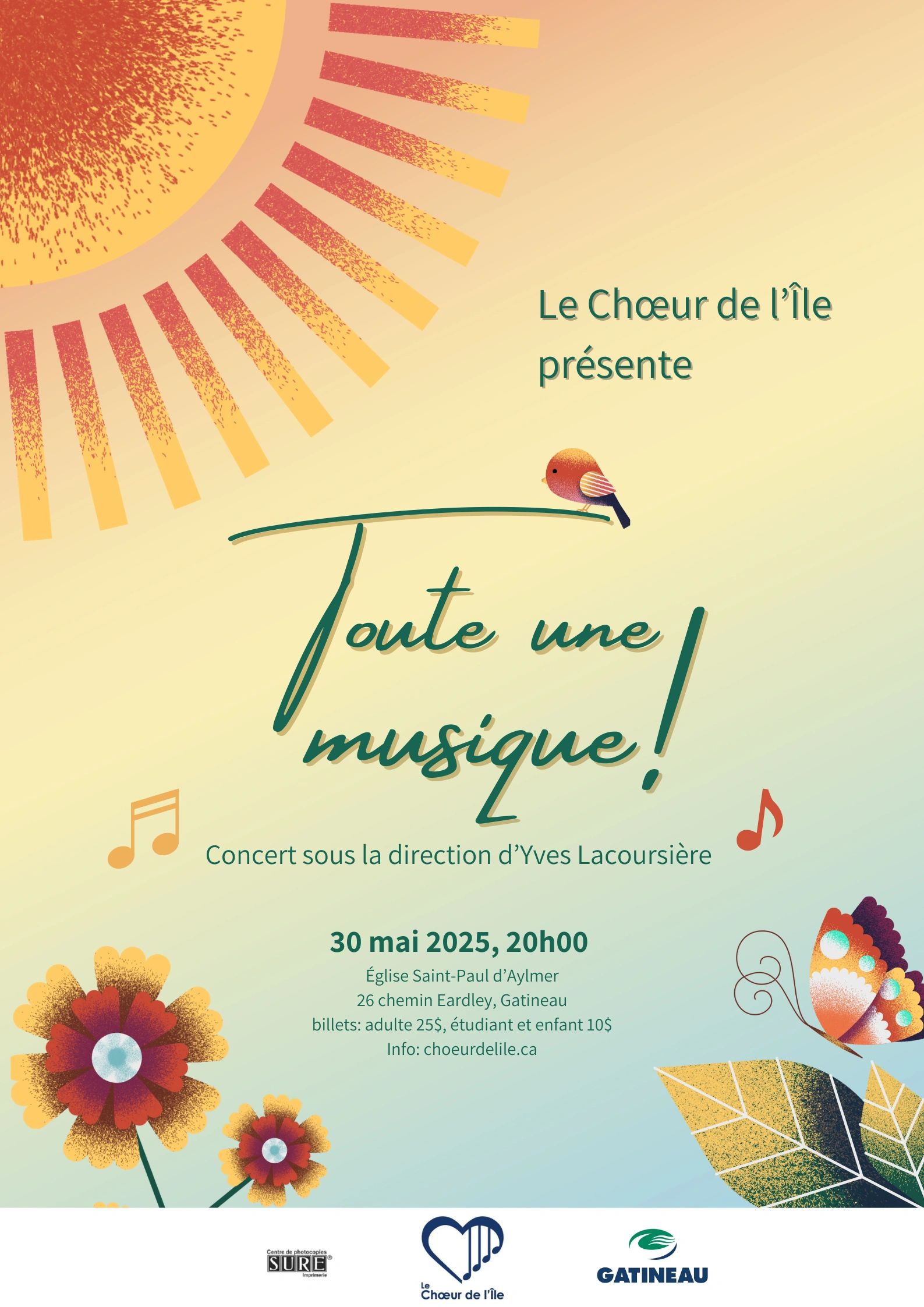 Affiche colorée pour un concert musical le 30 mai 2025 à Gatineau.