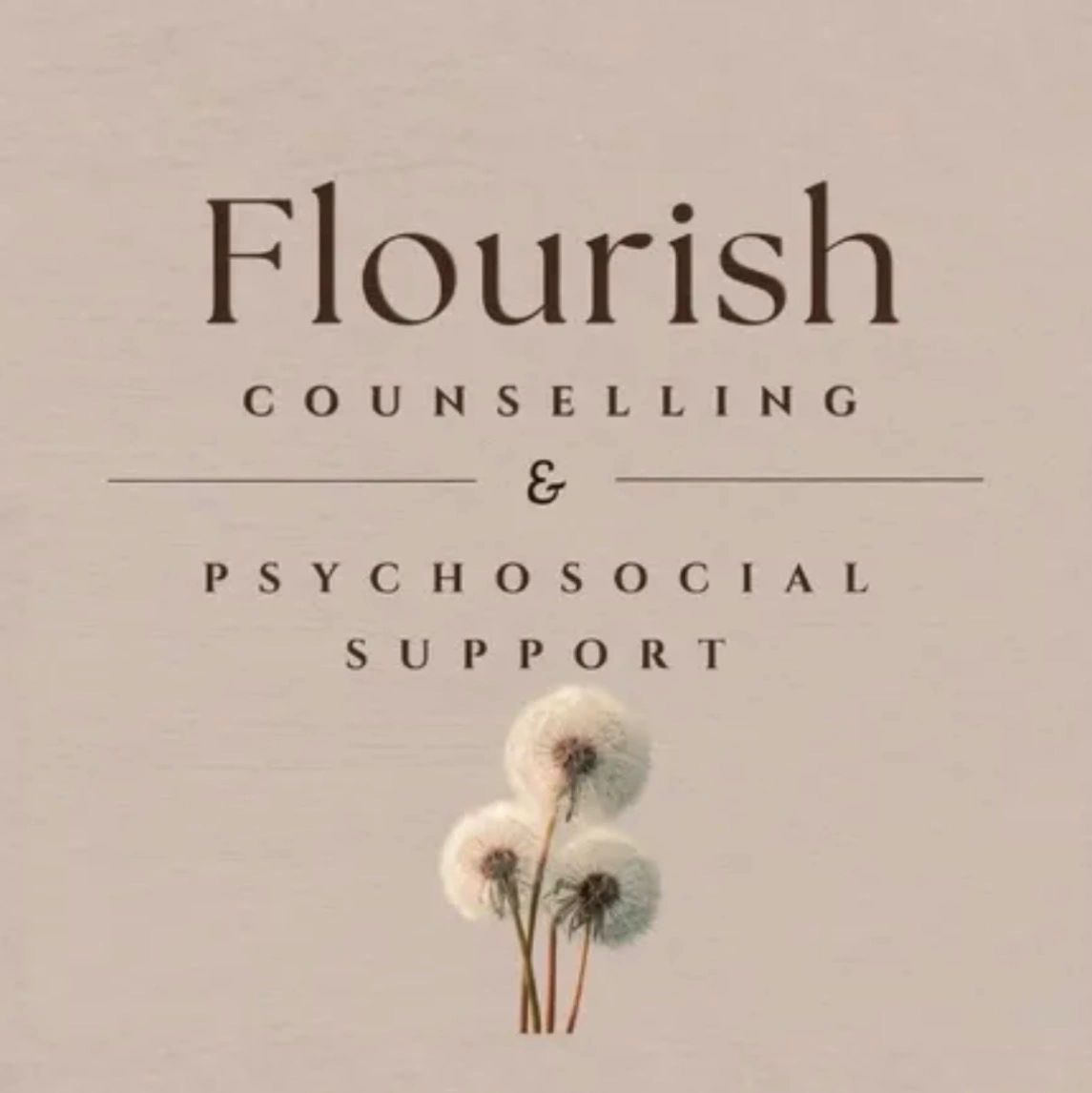 Flourish Counselling logo with dandelions and a linen texture overlay