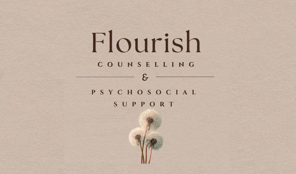 Elegant logo for Flourish Counselling and Psychosocial Support with dandelion design, representing growth and healing.