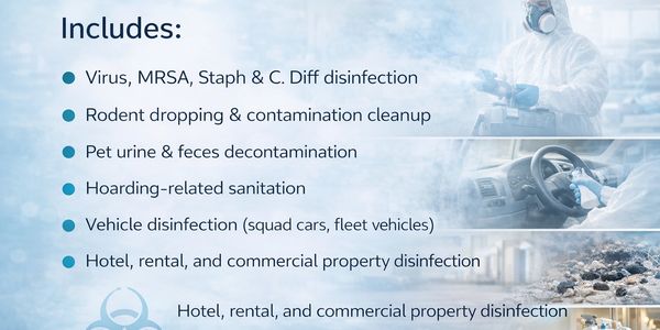Disinfection services including virus cleanup, contamination removal, and property sanitation.