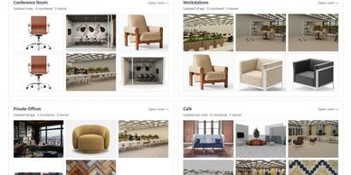 A digital catalog showcasing modern office furniture and decor.