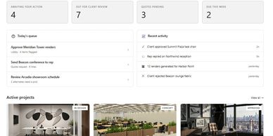 Dashboard overview showing action items, client reviews, and active projects.