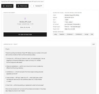 Screenshot of a software interface extracting and generating an RFP response draft.
