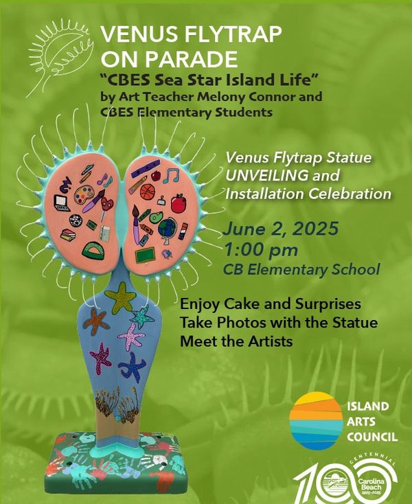 Venus Flytrap statue unveiling event poster with colorful art and details.