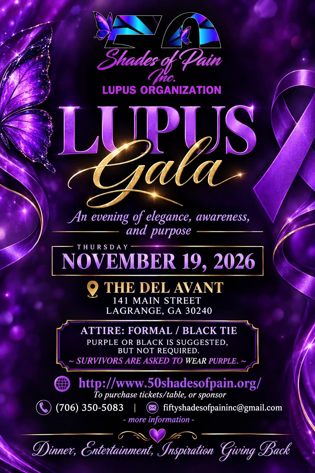 Lupus Gala banner with purple theme and awareness ribbon.