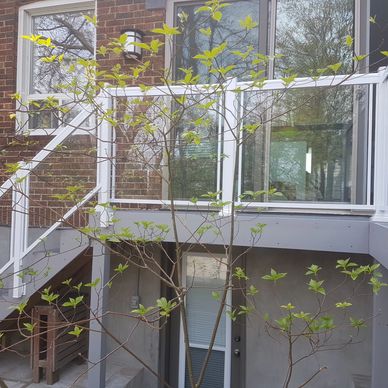 glass railings with white posts on grey deck
