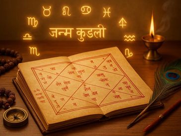 Astrological chart and zodiac signs with a candle and peacock feather.