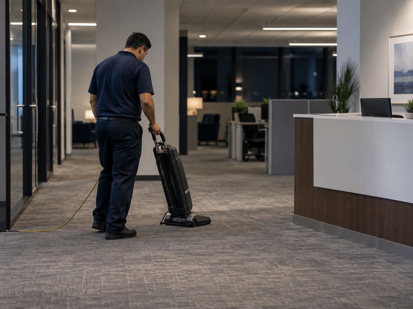 Commercial cleaner vacuuming carpet in a professional office after hours.