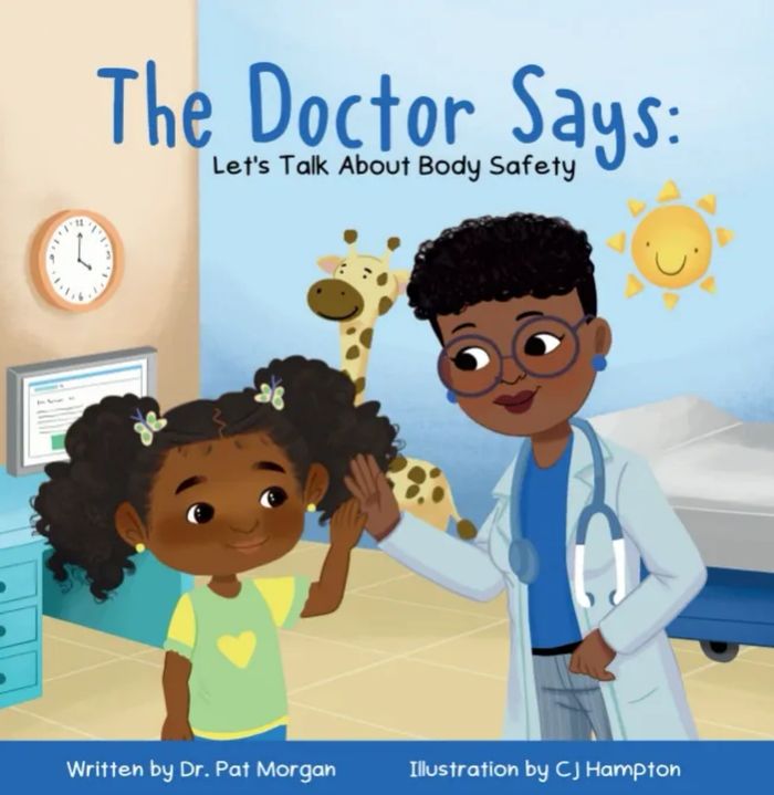 Illustration of a confident doctor with African American girl talking about body safety