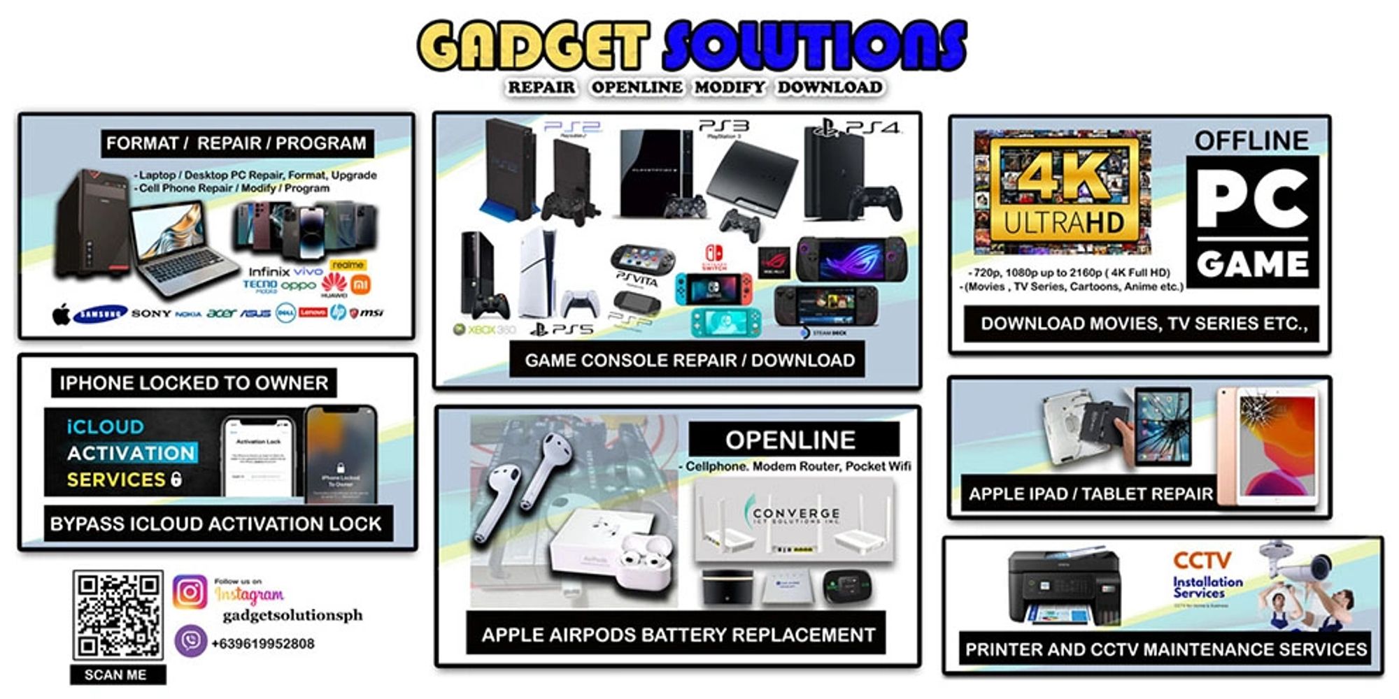 Advertisement for Gadget Solutions offering repair and download services for gadgets and gaming consoles.