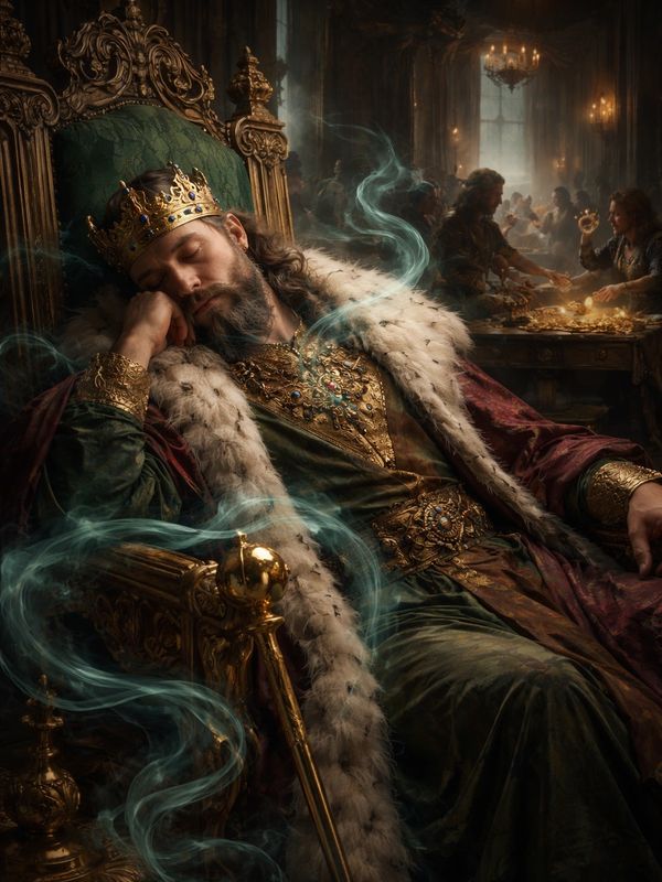 A king in ornate robes sleeps on a golden throne amid swirling mist.