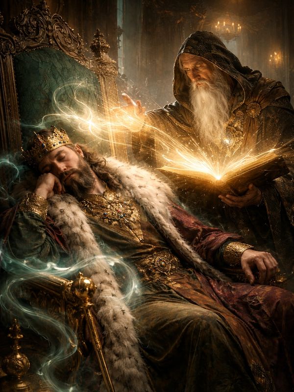 A wizard casting a glowing spell over a sleeping king in an ornate throne room.