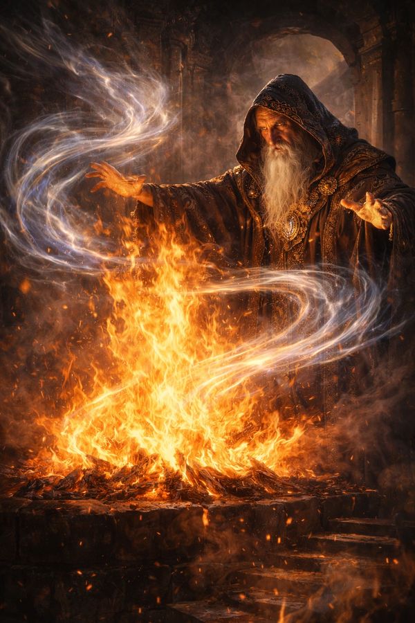 A wizard conjures magical flames with swirling energy around him.