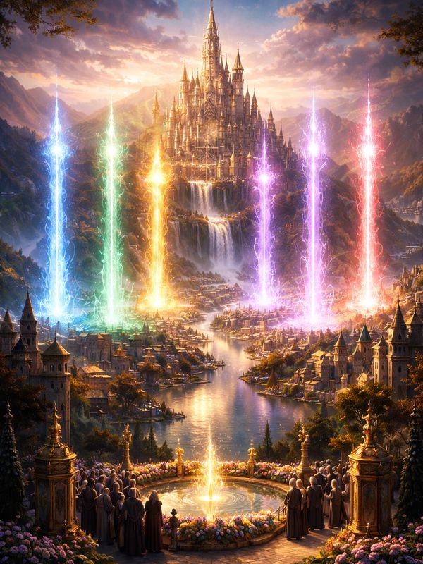 A majestic castle with colorful magical beams and a crowd gathered around a glowing fountain in a fantasy landscape.