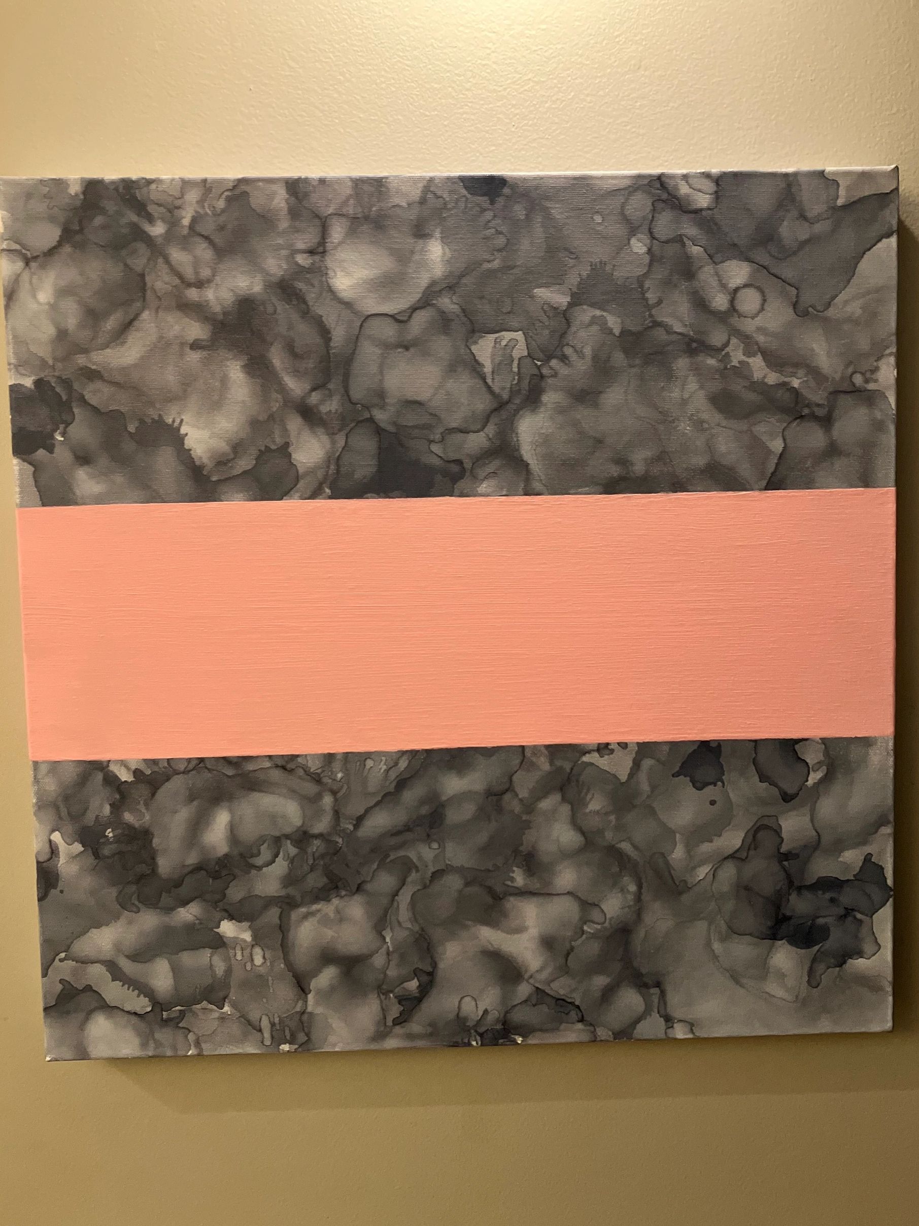 Abstract painting with a broad pink stripe over a textured black and gray background.