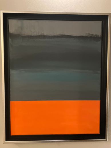 Abstract painting with dark gray and bright orange horizontal bands.