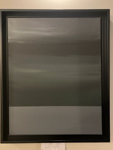 Abstract painting with horizontal gray and black stripes in a black frame.