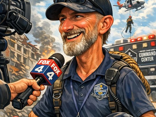 Firefighter being interviewed by news during rescue.