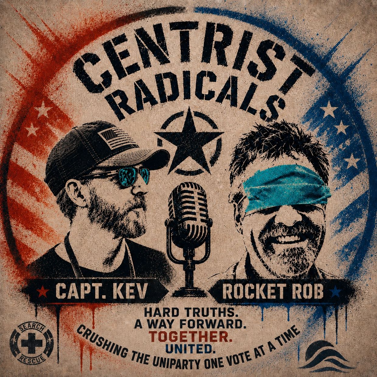 Podcast logo for Centrists Radicals featuring Capt. Kev and Rocket Rob.