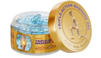 Open jar of triple-action massage gel with blue gel and golden lid.
