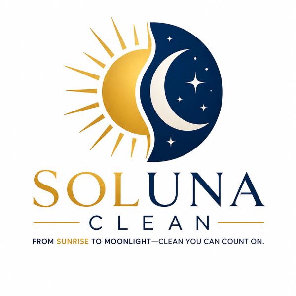 Soluna Clean logo featuring sun and moon, symbolizing all-day cleaning service.