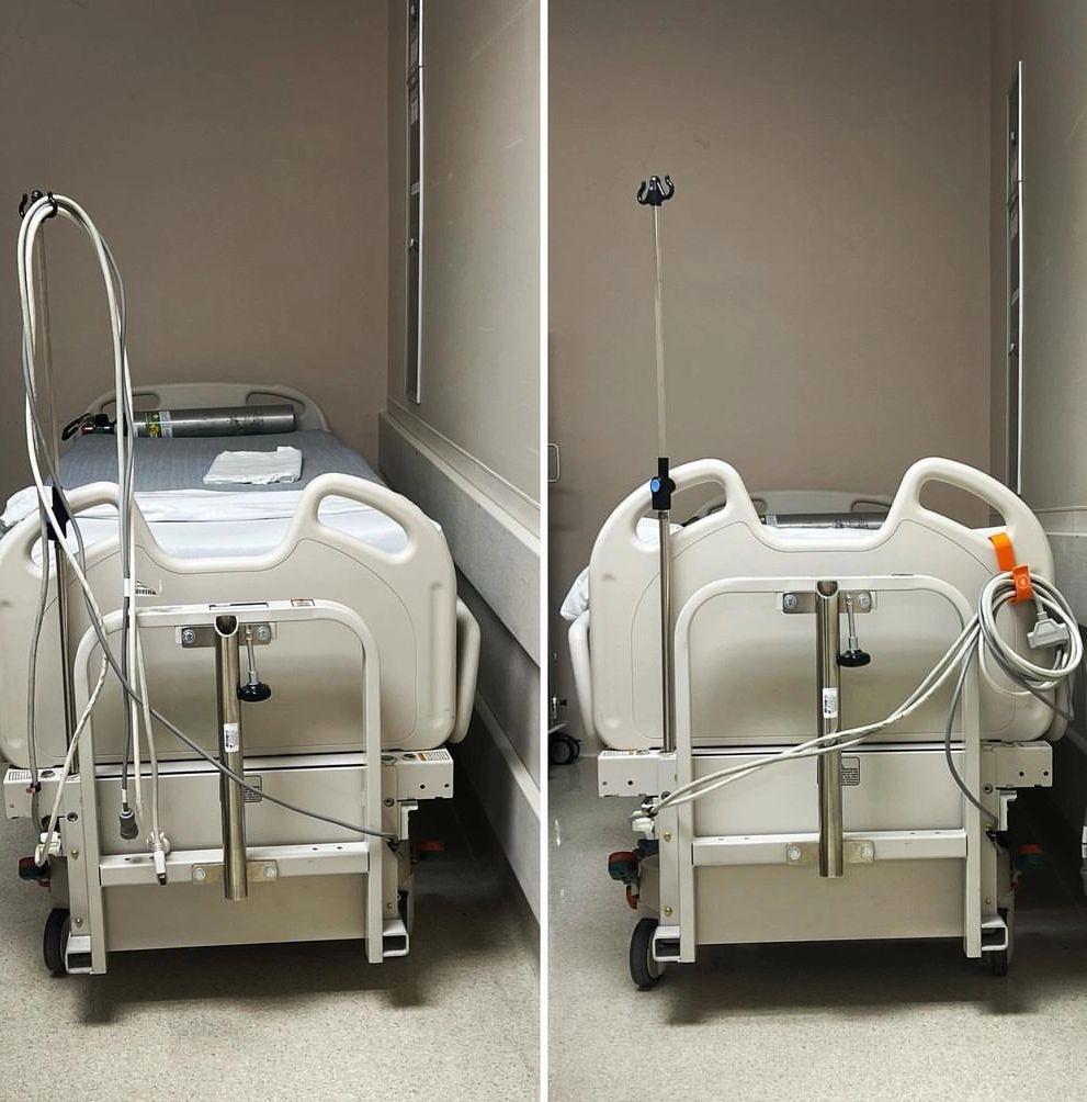 before and after using cordclear hospital cord holder on an in-patient bed