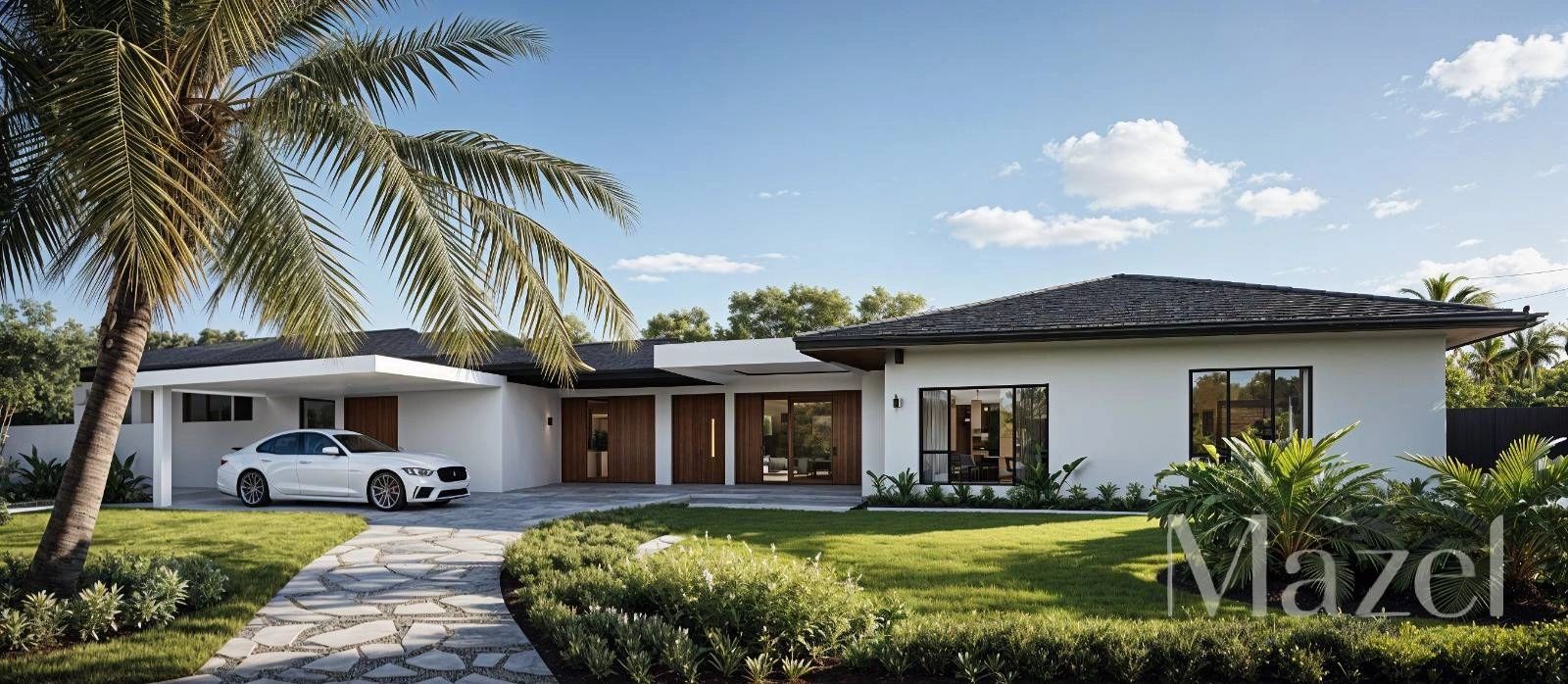 A charming gray house on a grassy hill by the ocean under a clear blue sky.