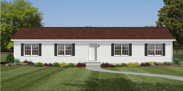 Single-story white house with brown roof and large windows.