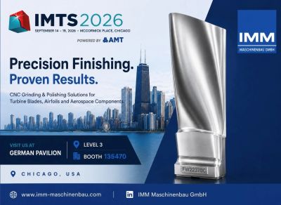 IMTS 2026 promotional banner for IMM Maschinenbau GmbH showing a polished turbine blade and booth in