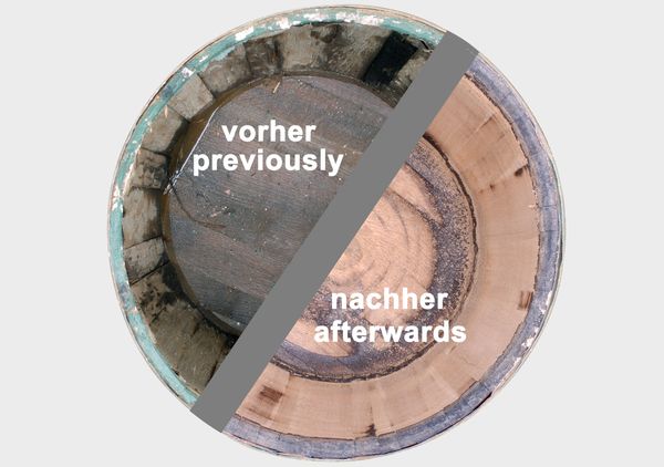 Cask, whisky barrel before and after rejuventation. Cask prepared for recharring.