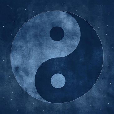 A textured yin-yang symbol on a dark blue starry background.