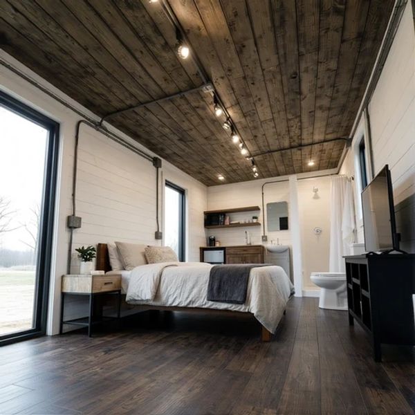 Modern rustic bedroom with wooden ceiling and floor.