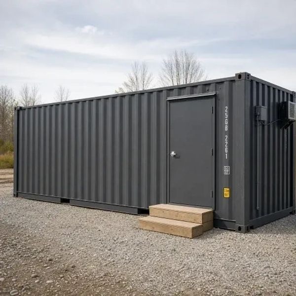 Gray shipping container with a door and steps.