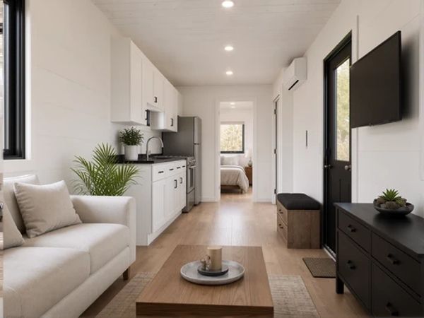 Modern tiny house interior with sofa and kitchen.