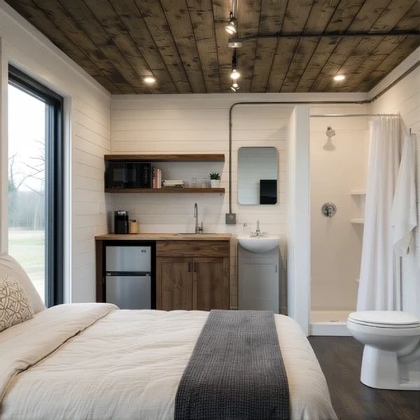 Cozy bedroom with kitchenette and bathroom.