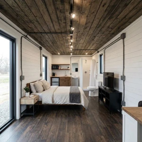 Modern rustic studio with wood accents and minimalist design.