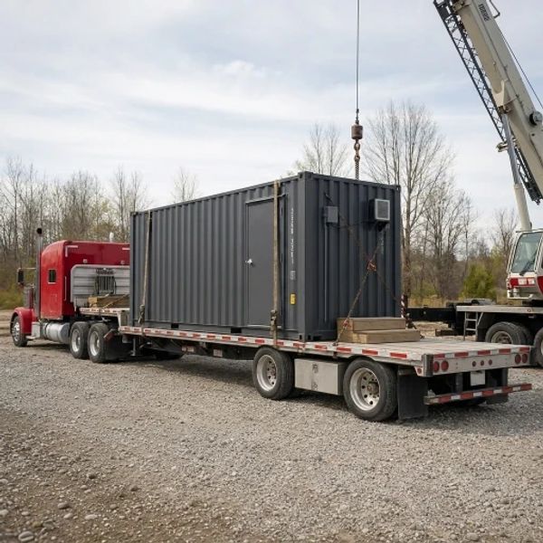 Truck carrying large gray container on flatbed.