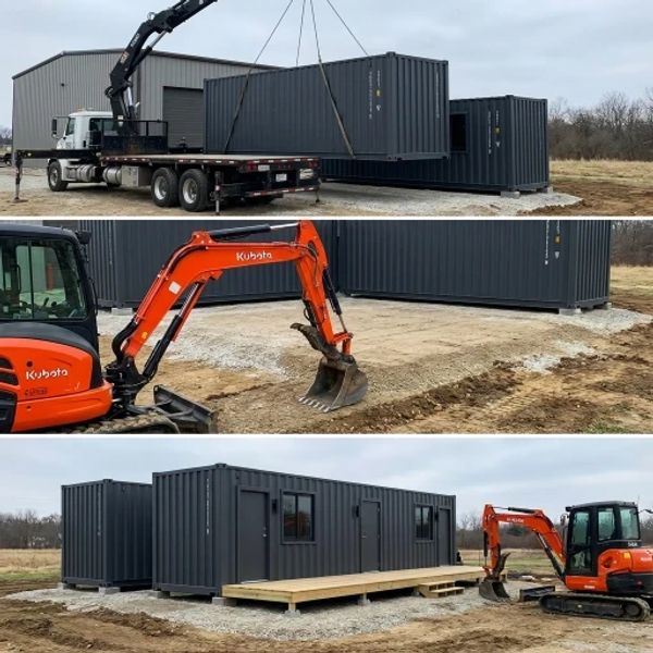 Construction of a modular home using shipping containers and heavy machinery.
