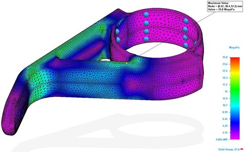Simulación de análisis de tensiones en una pieza mecánica.