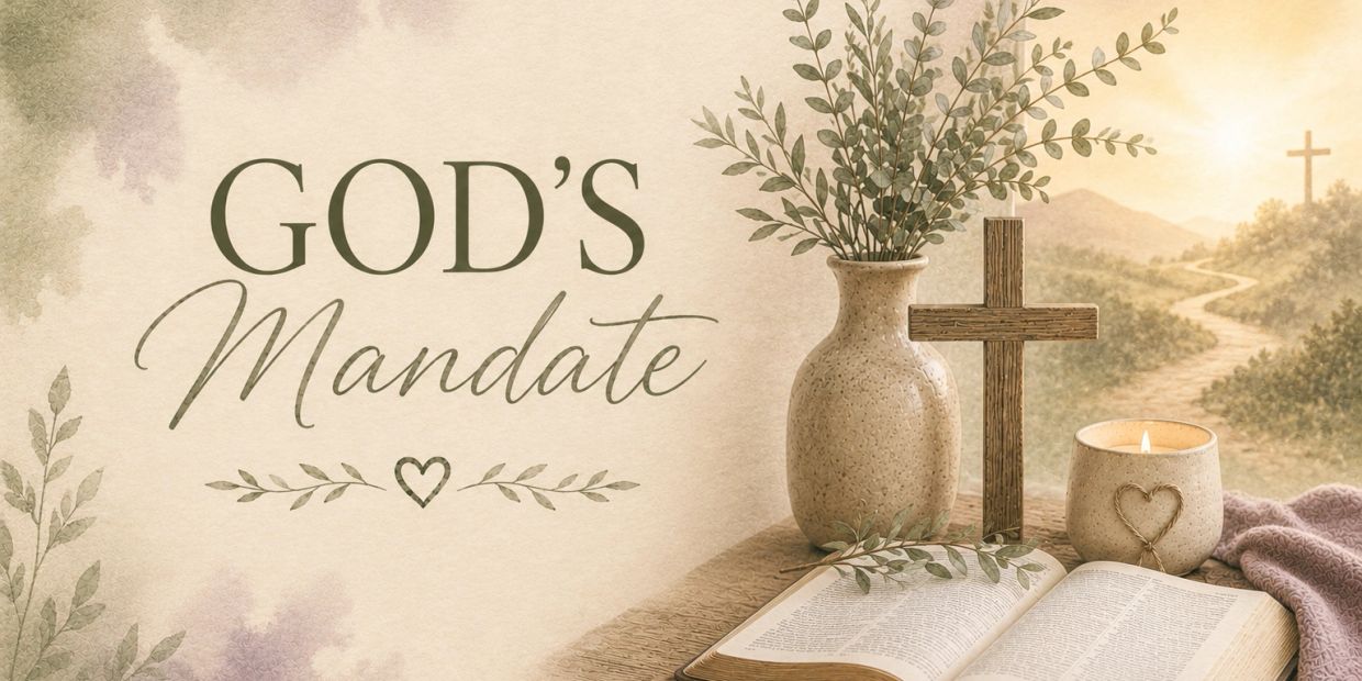 An inspirational Christian-themed still life with a Bible, cross, vase, and candle.