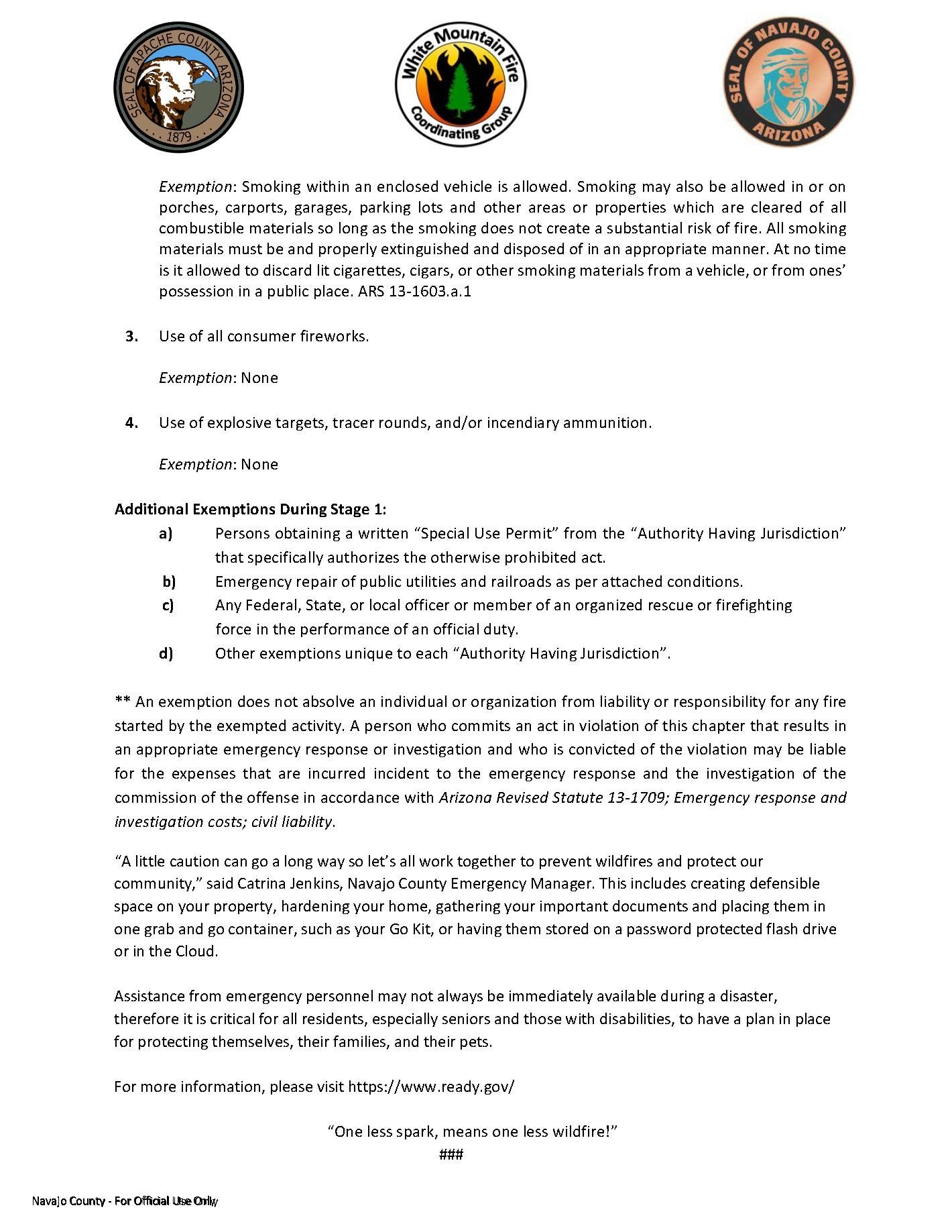 Official exemptions and guidelines on smoking, fireworks, and ammunition during wildfire stages in Apache and Navajo counties.