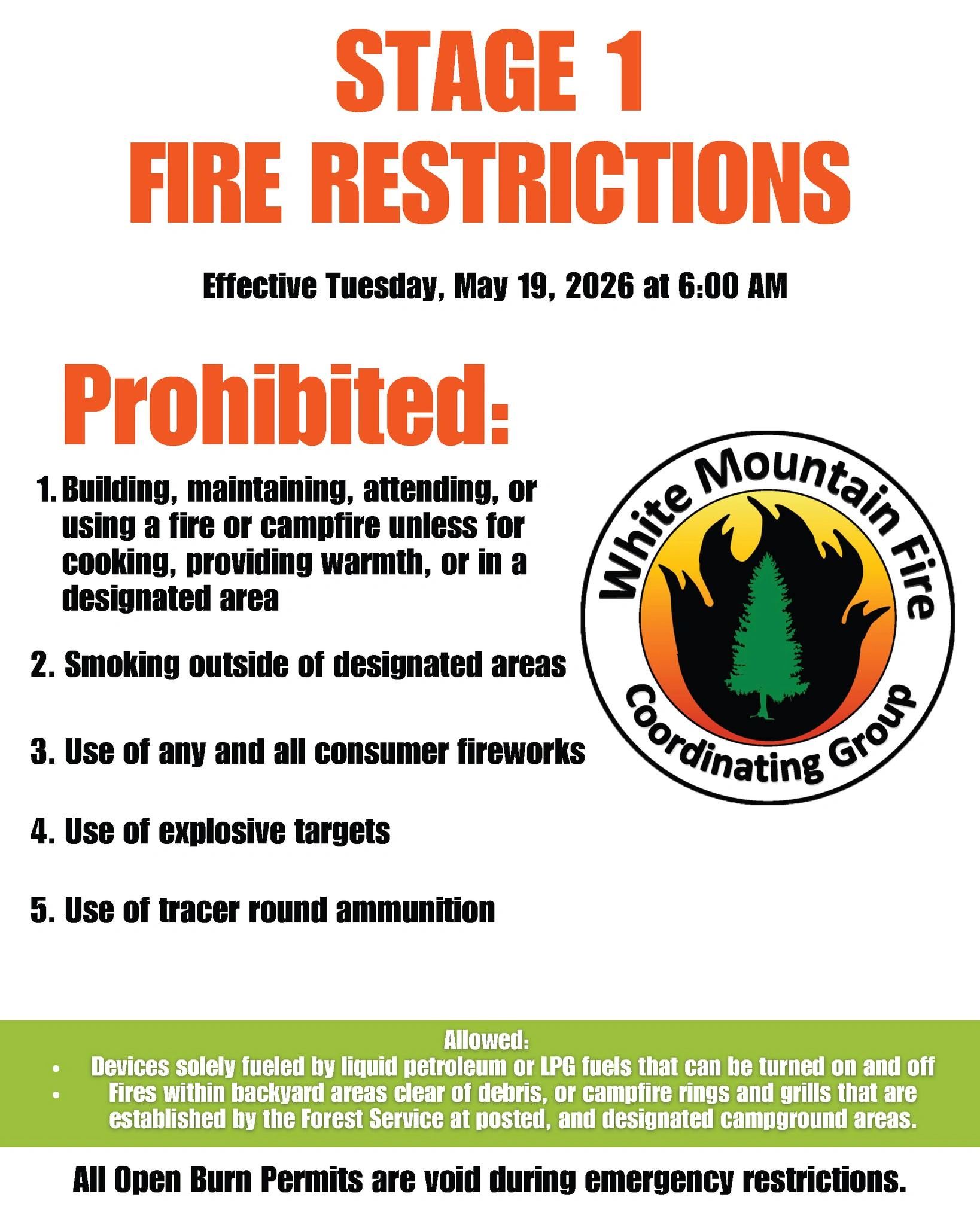 Stage 1 fire restrictions effective May 19, 2026, with specific prohibitions and allowances.