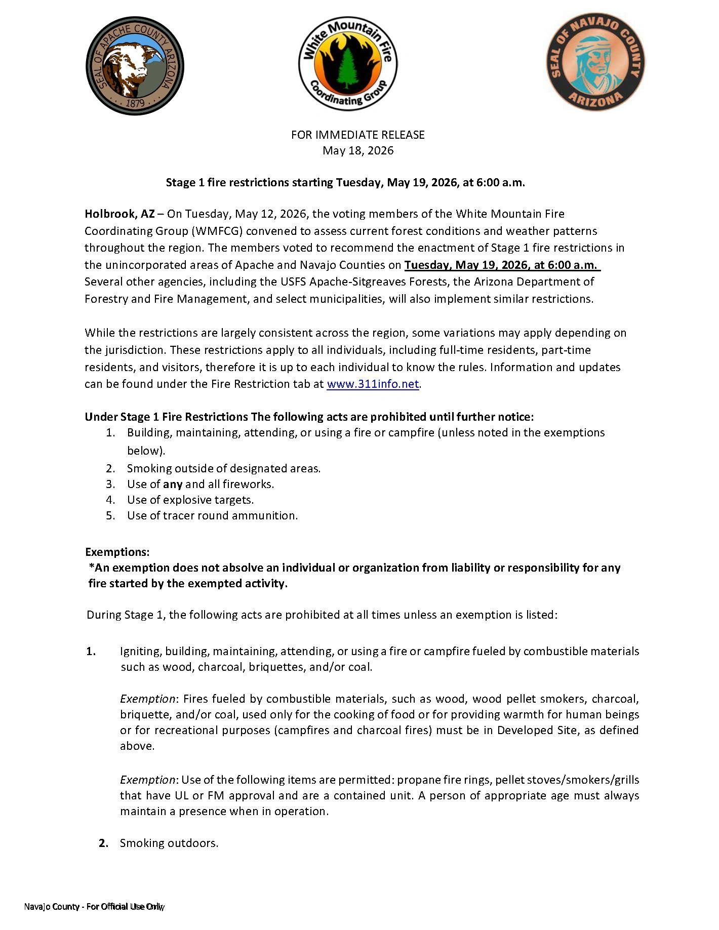 Announcement of Stage 1 fire restrictions in Apache and Navajo Counties starting May 19, 2026.