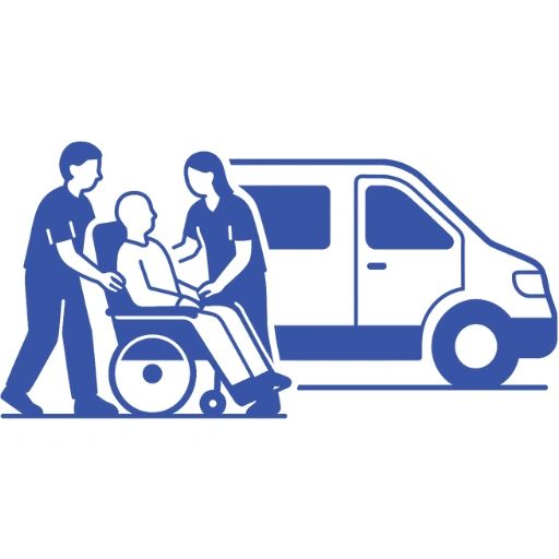 Caregivers assisting a person in a wheelchair near a transport vehicle.